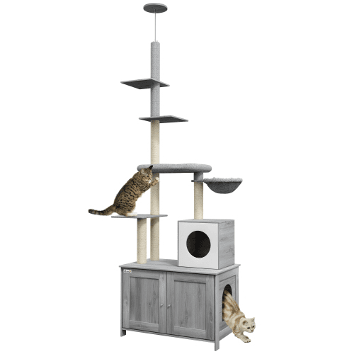PawHut Cat Tree With Litter Box Enclosure, 2 In 1 Floor To Ceiling Cat Tower Litter Box Furniture With Condo, Bed, Hammock, Scratching Posts, And Platforms For Indoor Use, Gray 2