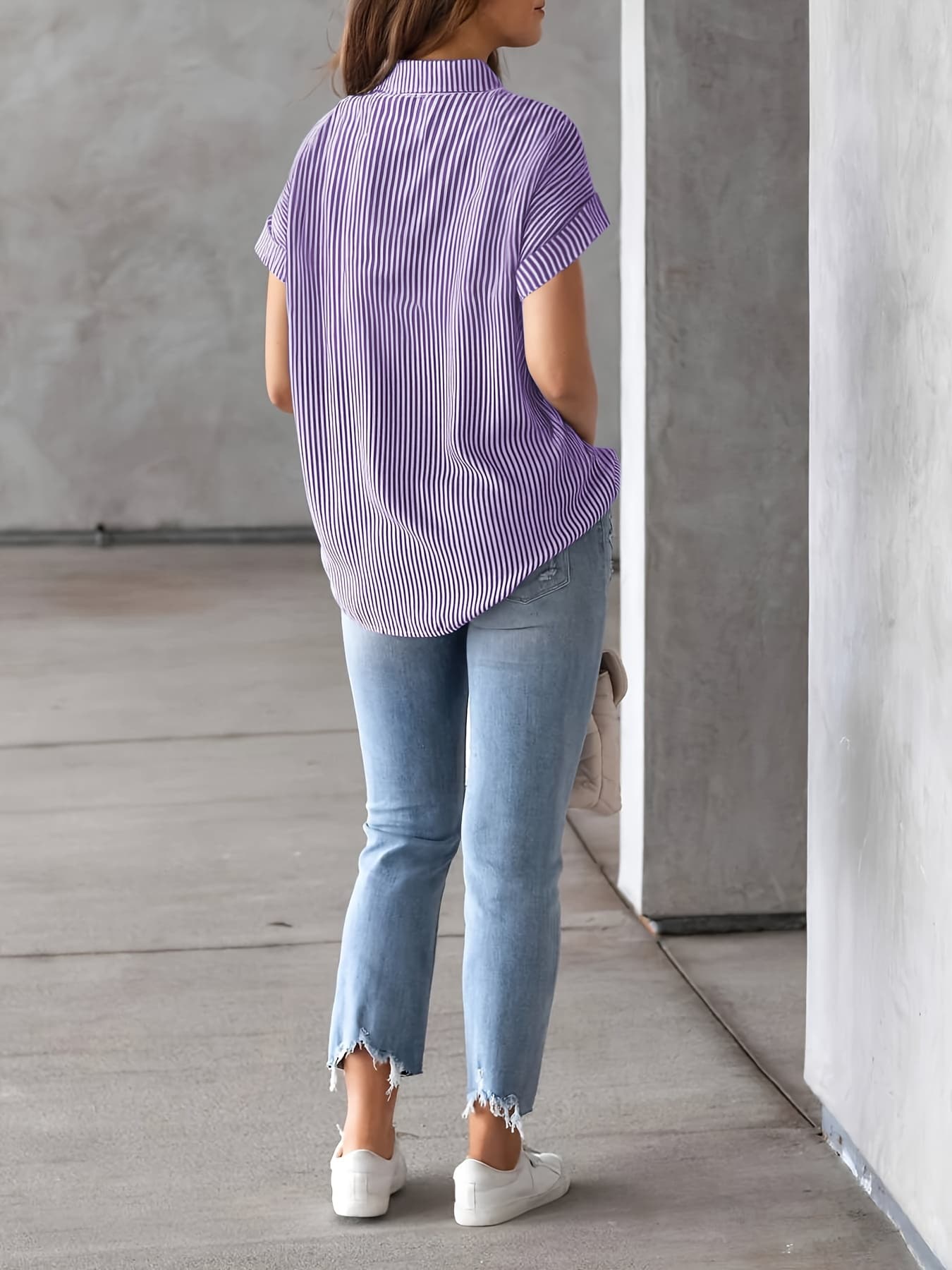 Elegant Plus Size Striped Blouse With Pocket - Casual Short Sleeve, Button-Up Collared Shirt For Women 2