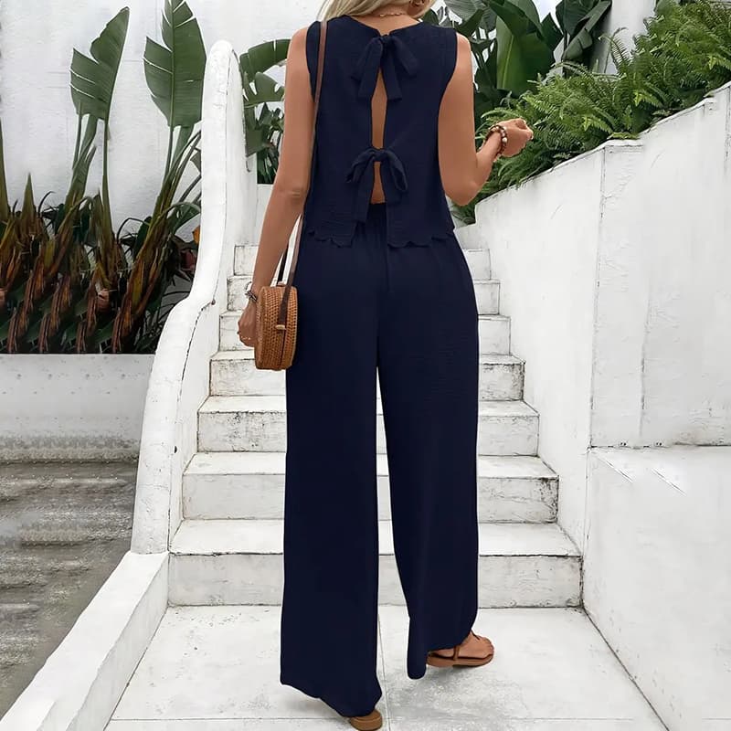 Women's Elegant 2-Piece Matching Set, Sleeveless Crop Top And Wide Leg Pants Outfits 2