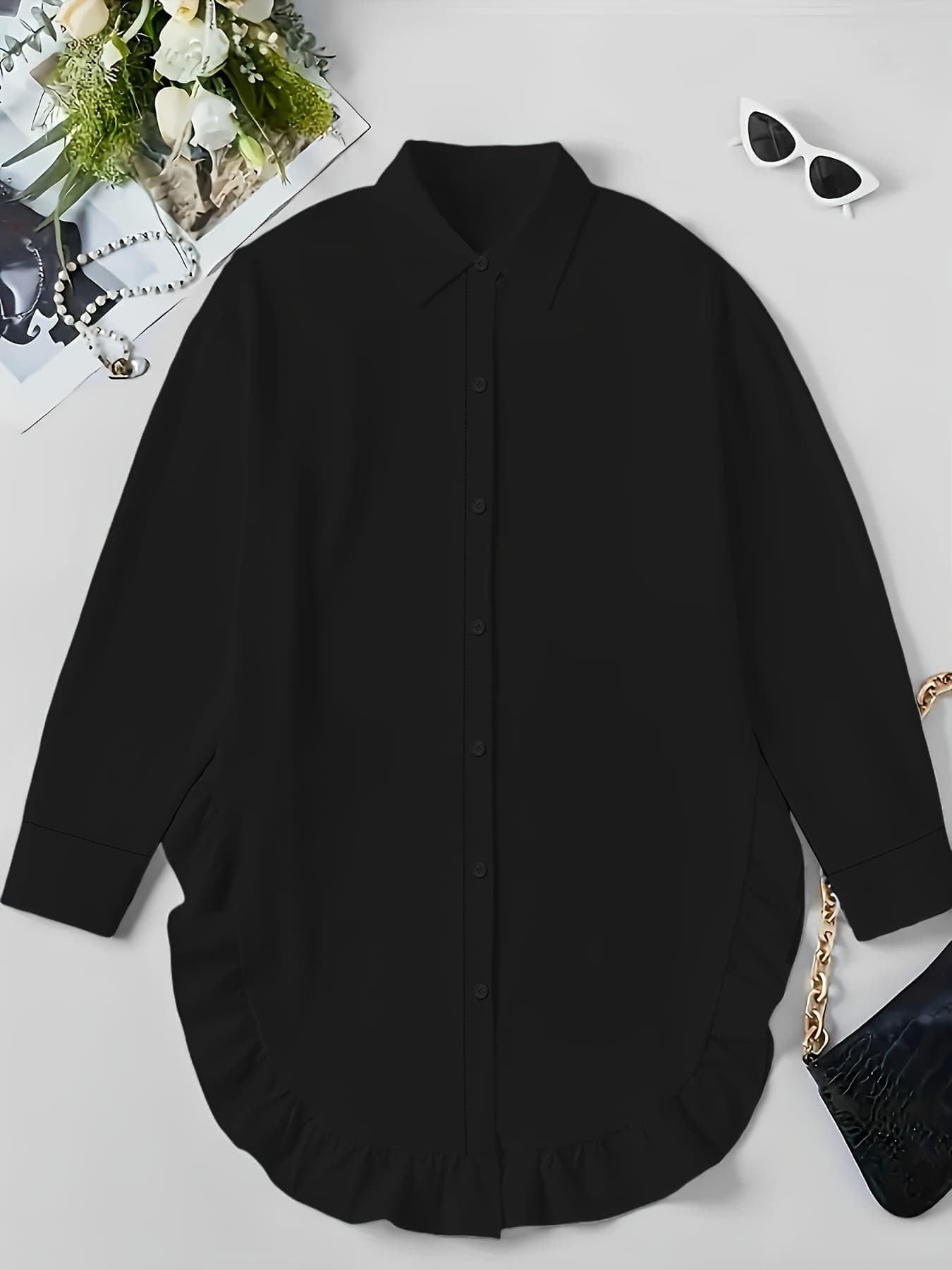 Women's Plus Size Casual Shirt With Ruffle Hem, Solid Color, Woven Polyester, Non-Stretch, Pointed Collar, Button Front, For All Seasons 3