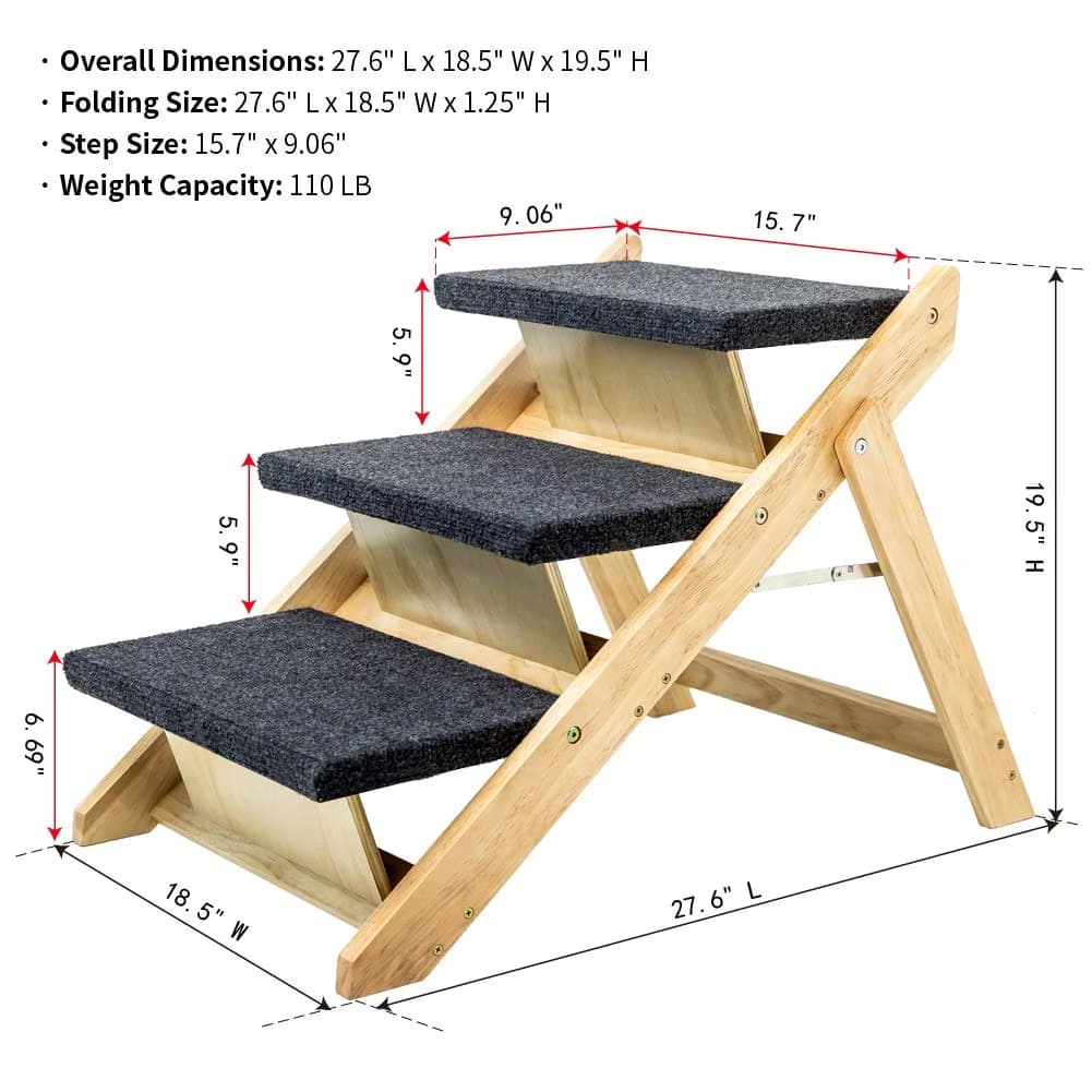 Wood Pet Stairs Pet Steps  Foldable 3 Levels Dog Stairs  Ramp Perfect For Beds And Cars Portable Dog Cat Ladder Up To 110 Pounds 2