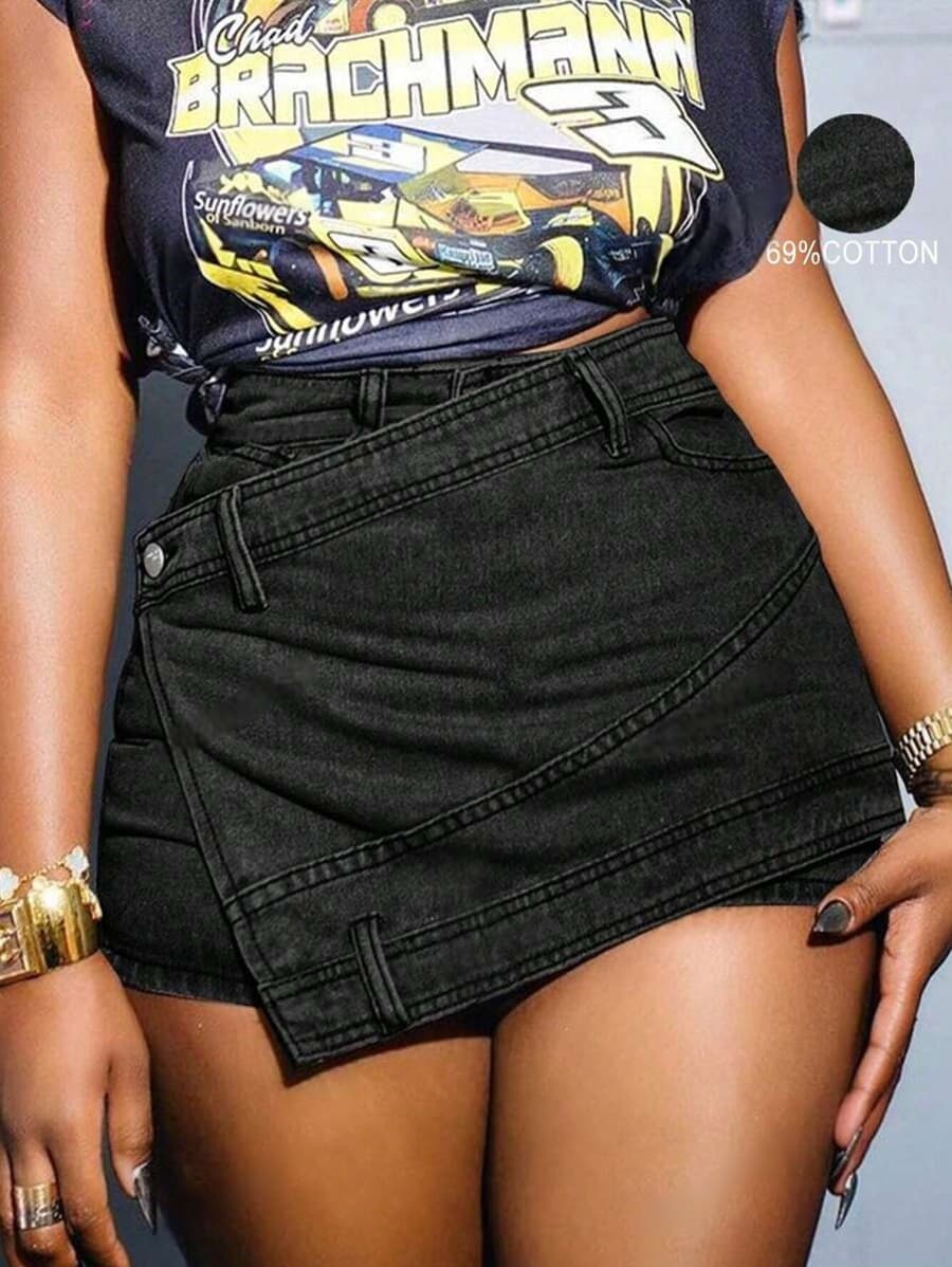 Grunge Punk Street New Vintage Stretchy Overlap Waist Wrap Asymmetric Hem A-Line Skinny Denim Skorts Halloween Clothes Jeans 2