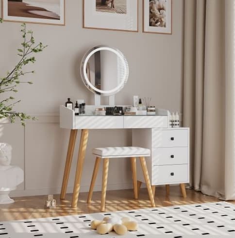 Dressing Table With LED Lights Glass Top Dressing Table With Extendable Side Table 5 Drawers Dressing Table With Mirror And Stool For Bedroom 3