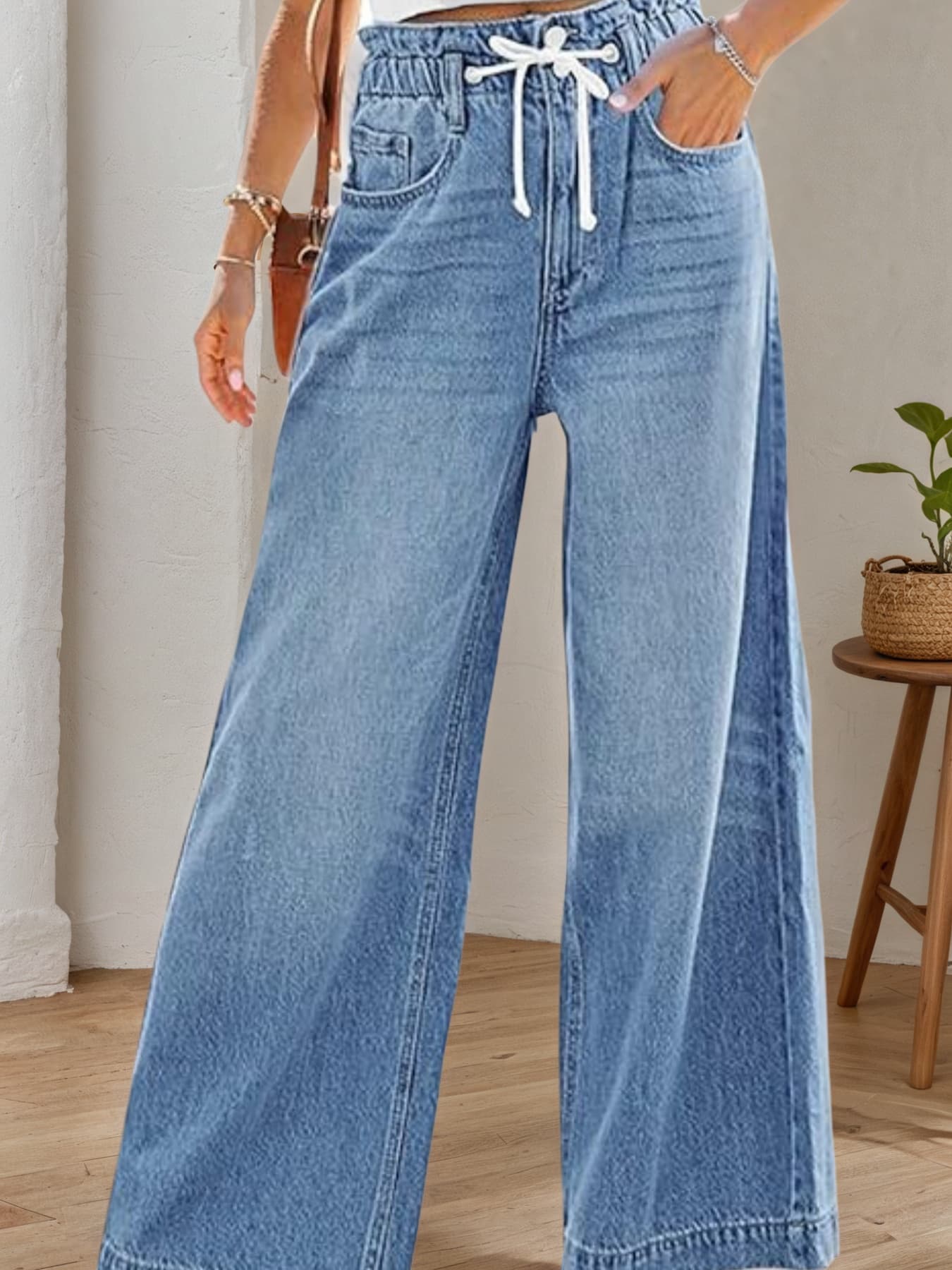 New Women’s Wide Leg Jeans Elastic High Waist Elastic Waist Bellbottom Pants Loose Y2K Pants 2