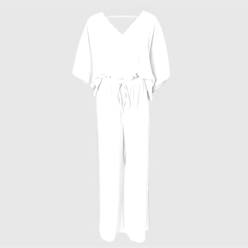 Women's 2 Piece Outfit, Casual Solid Color V-Neck Half Sleeve Top And Wide Leg Pants Lounge Set 4