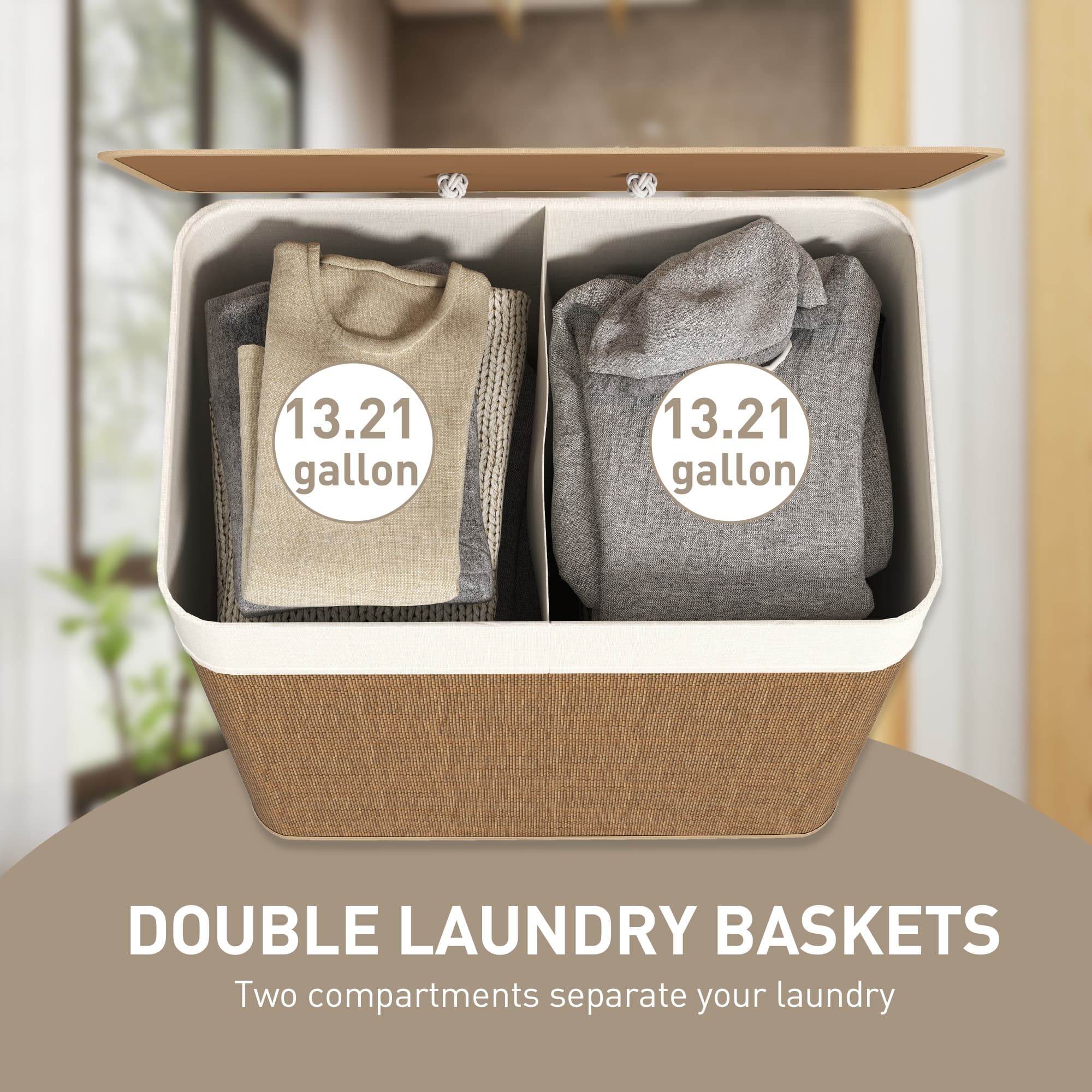 Double Laundry Basket With Lid, 26.4 Gallon Bamboo Laundry Hamper With Rope Handles And Removable Liner, Brown 3