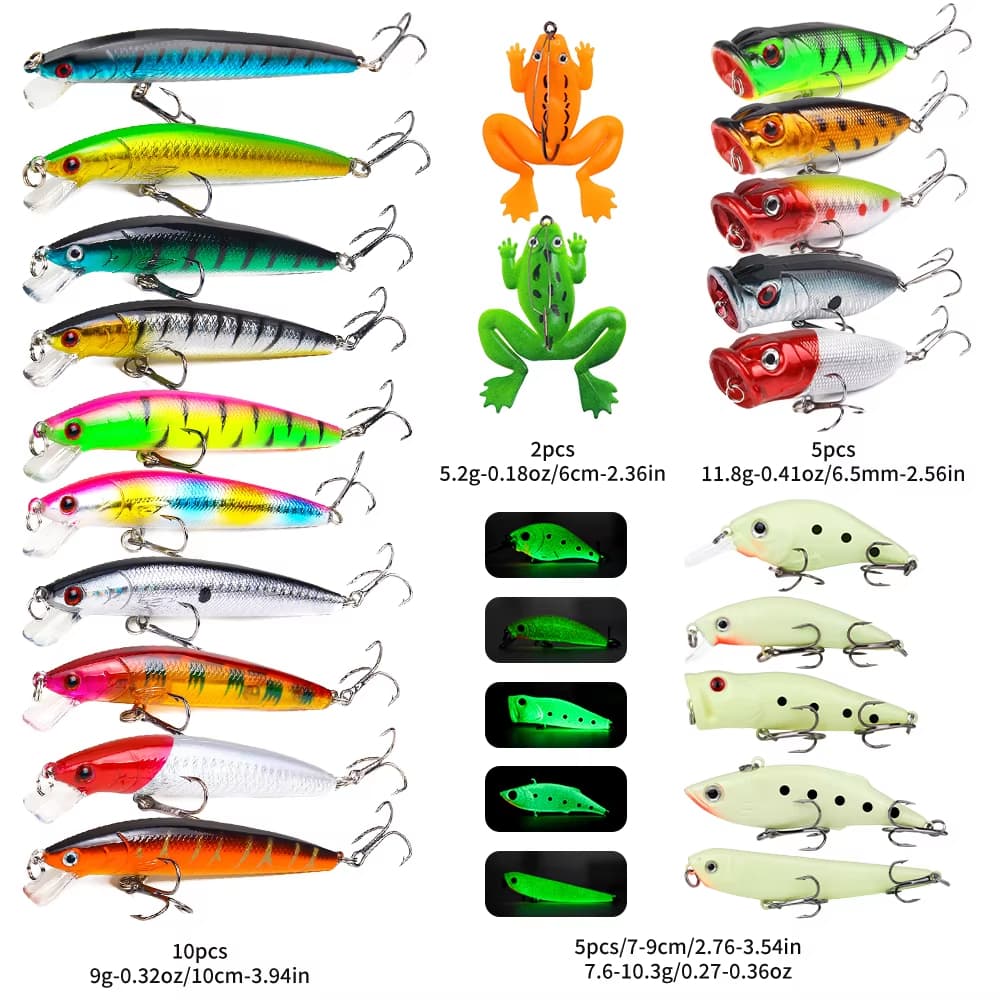 22pcs 1set Hard Lure Bait Soft Frog Popper Minnow Pencil VIB Luminous Lure Kit Durable Hooks Realistic Action Ideal 2