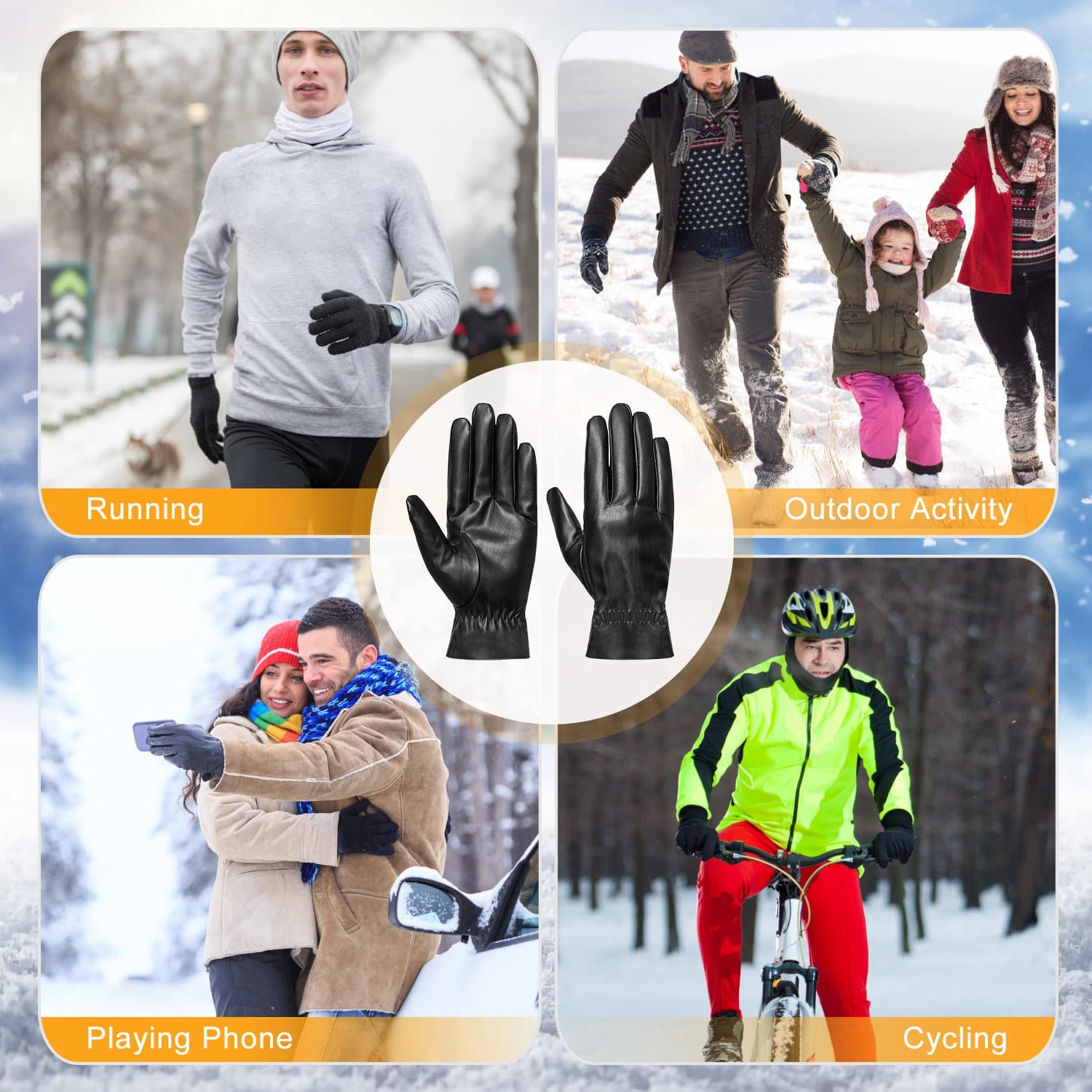 1Pair Unisex Black Leather Gloves Winter Warm Windproof High Quality Soft Gloves Outdoor Cycling Skiing Running Motorbike Gloves 2