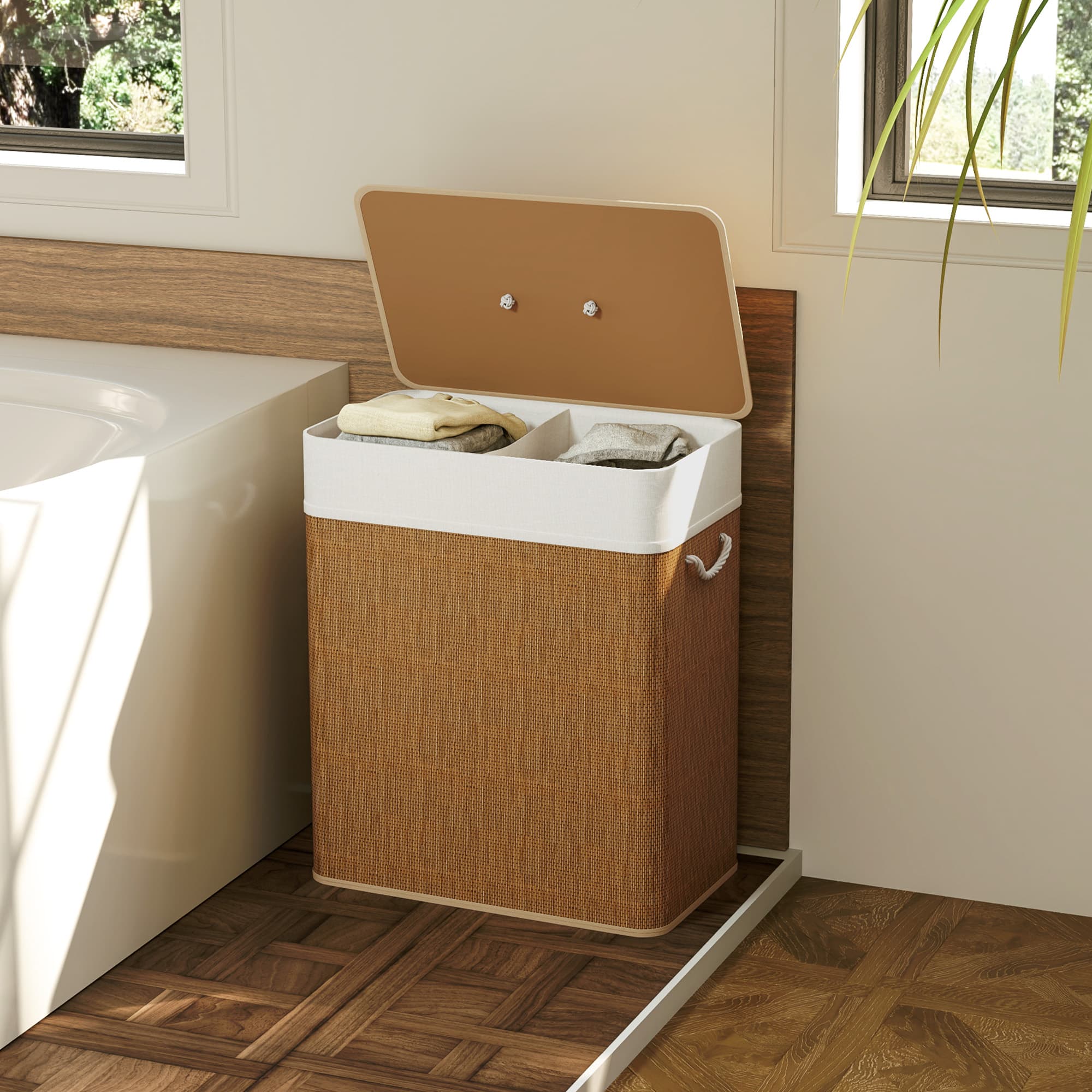 Double Laundry Basket With Lid, 26.4 Gallon Bamboo Laundry Hamper With Rope Handles And Removable Liner, Brown 2