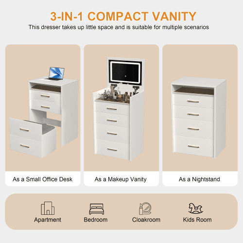 3 In 1 Vanity Desk With Open Top Mirror,Small Make Up Vanity Set With Visible Glass Desktop,Compact Makeup Vanity With 3 Drawers,Dressing Table For Bedroom 5