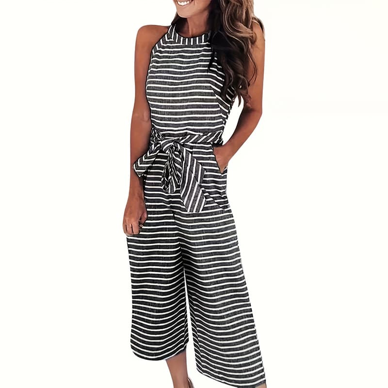 Womens Casual Striped Jumpsuits Summer Cap Sleeve Wide Leg Jumper Romper Button Down Travel Beach Outfits 4