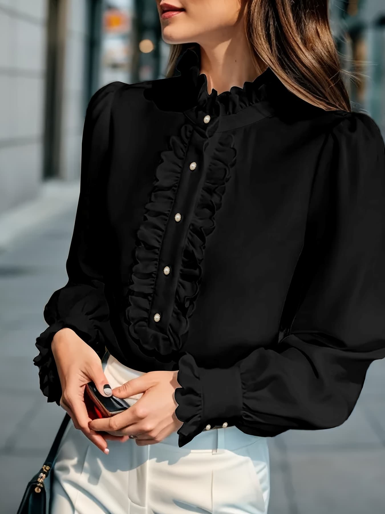 Fashionable Stand-up Collar Long-sleeved Shirt With Lotus Leaf Hem 5