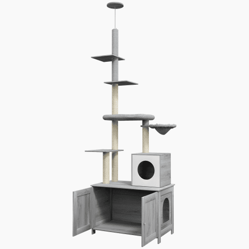 PawHut Cat Tree With Litter Box Enclosure, 2 In 1 Floor To Ceiling Cat Tower Litter Box Furniture With Condo, Bed, Hammock, Scratching Posts, And Platforms For Indoor Use, Gray 5
