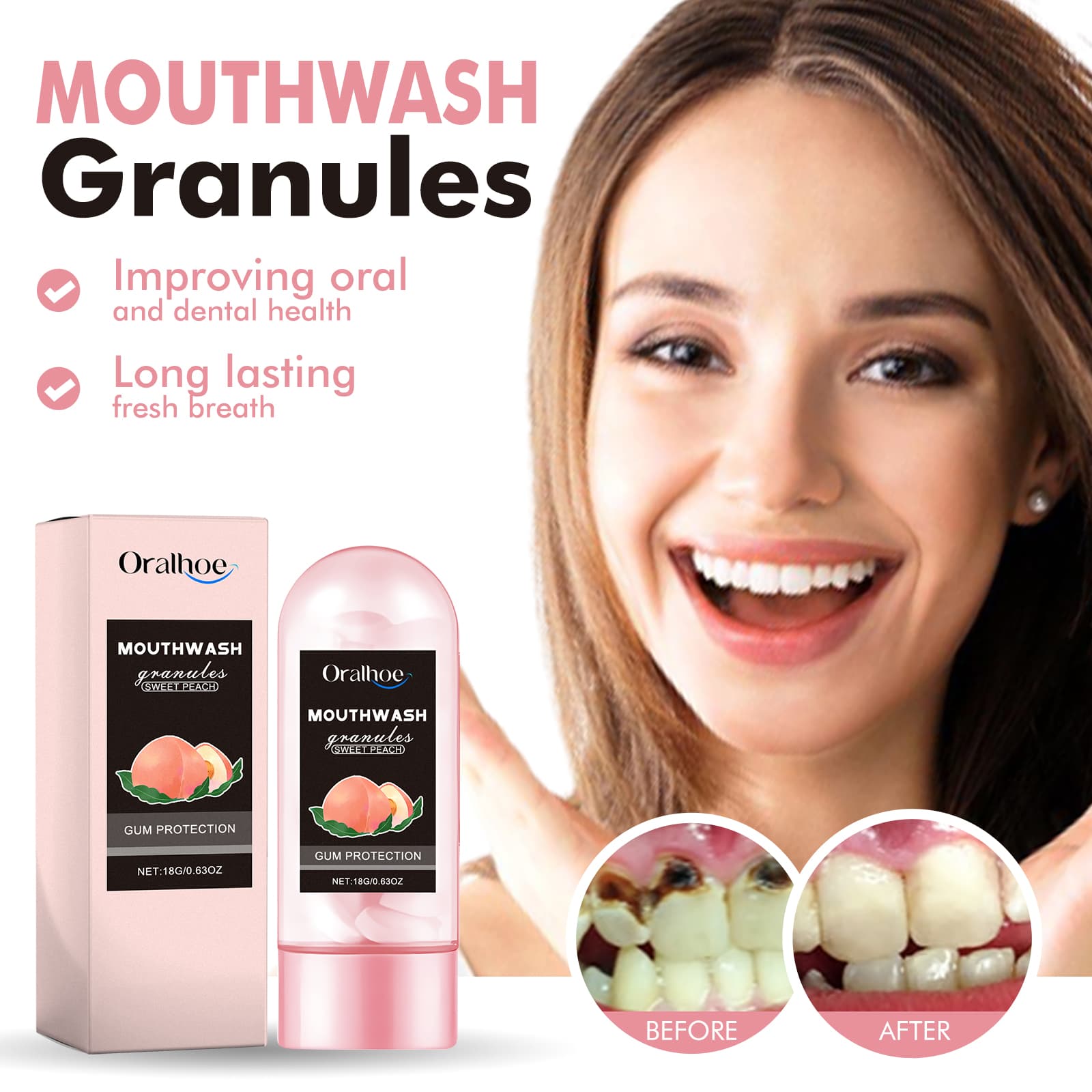 Oralhoe Peach Flavor Teeth Cleaning Mouthwash Pellets Breath Long Lasting Fragrance Clean Gums Portable Mouthwash Pellets 3