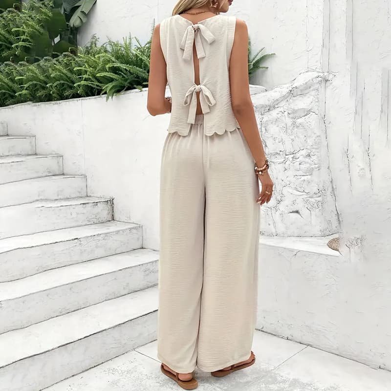 Women's Elegant 2-Piece Matching Set, Sleeveless Crop Top And Wide Leg Pants Outfits 5