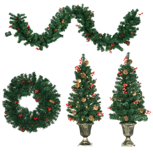 HOMCOM Prelit Holiday Christmas 4-Piece Set, Garland Wreath And Set Of 2 Entrance Trees With Warm White LED Lights, Red Berries, Pine Cones, Green 2