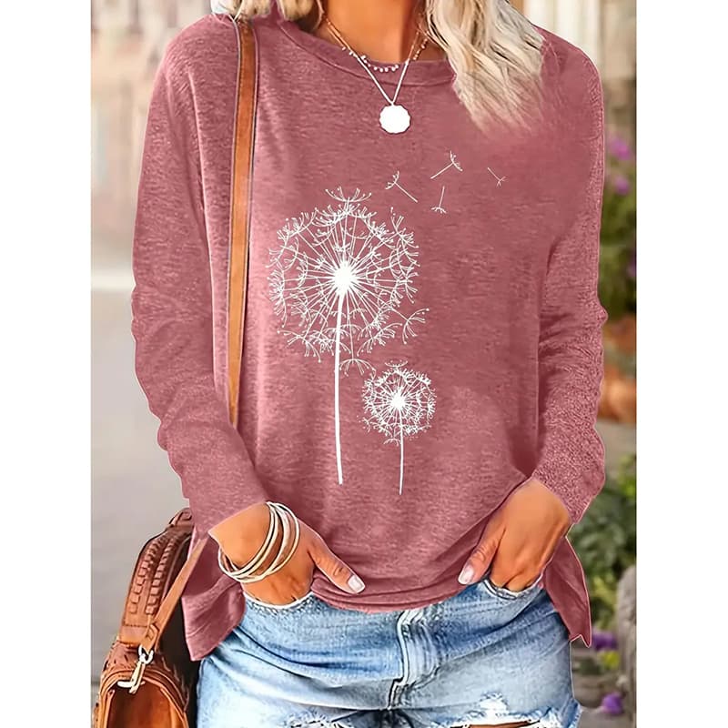 Women's Floral Print Crewneck Casual Long Sleeve T Shirt Pullover Graphic Tee 2