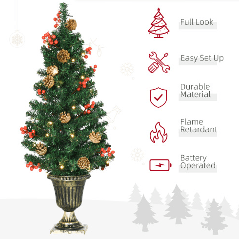 HOMCOM Prelit Holiday Christmas 4-Piece Set, Garland Wreath And Set Of 2 Entrance Trees With Warm White LED Lights, Red Berries, Pine Cones, Green 3