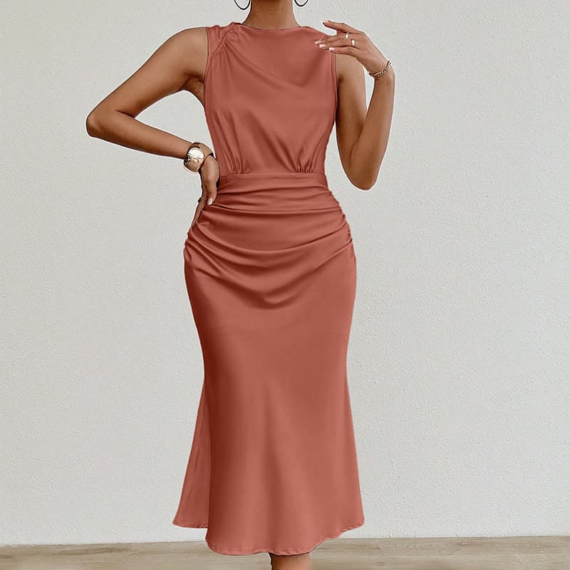 Women's Summer Sleeveless Tank Dress Crew Neck Slim Fit Ruched Bodycon Dress Casual Party Club Dress 3