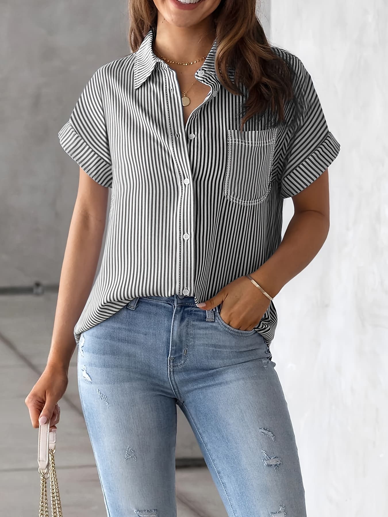 Elegant Plus Size Striped Blouse With Pocket - Casual Short Sleeve, Button-Up Collared Shirt For Women 3