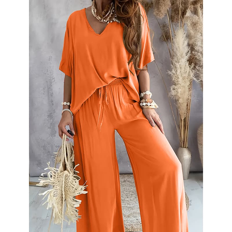 Women's 2 Piece Outfit, Casual Solid Color V-Neck Half Sleeve Top And Wide Leg Pants Lounge Set 2