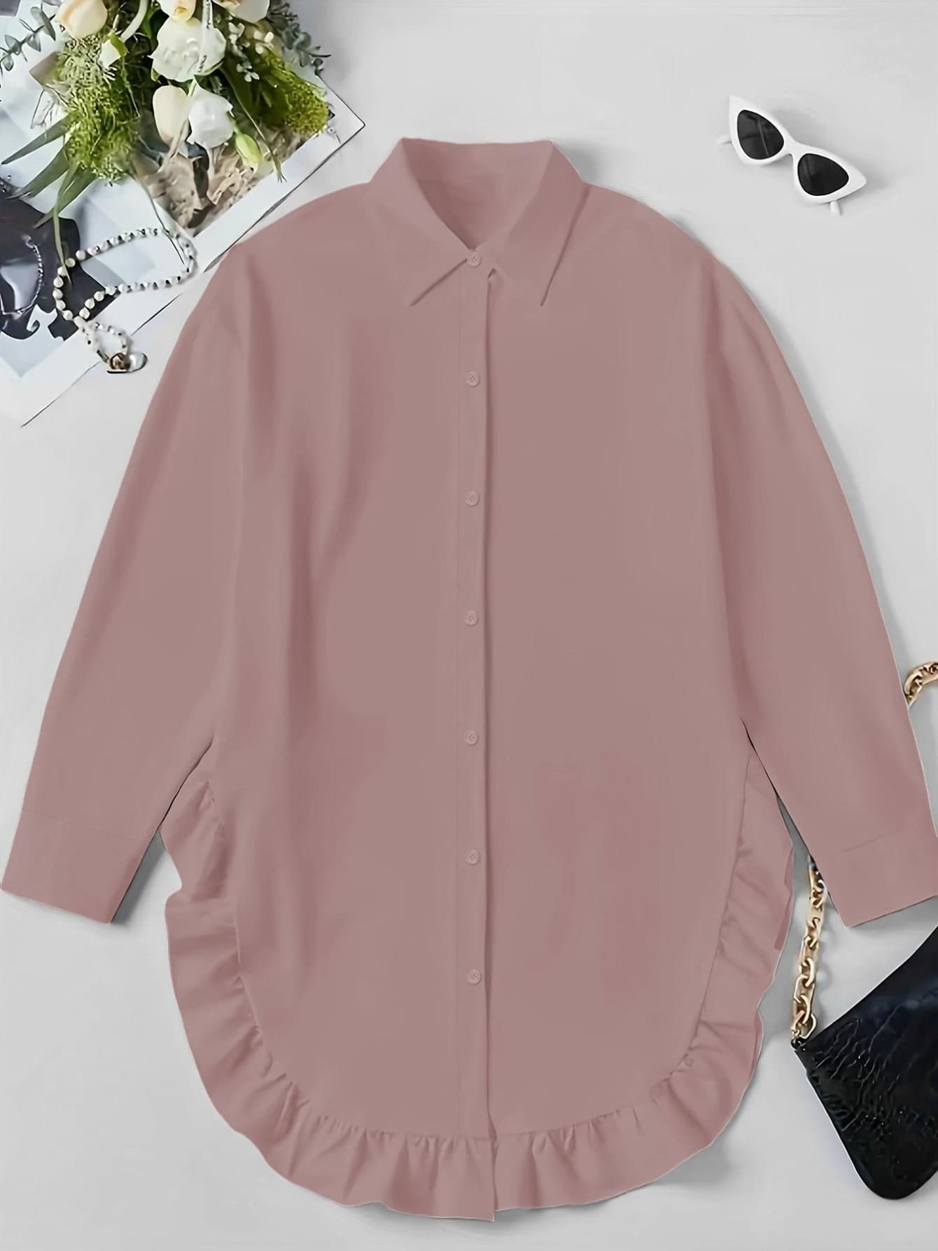 Women's Plus Size Casual Shirt With Ruffle Hem, Solid Color, Woven Polyester, Non-Stretch, Pointed Collar, Button Front, For All Seasons 4