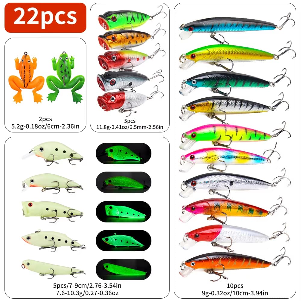 22pcs 1set Hard Lure Bait Soft Frog Popper Minnow Pencil VIB Luminous Lure Kit Durable Hooks Realistic Action Ideal 4