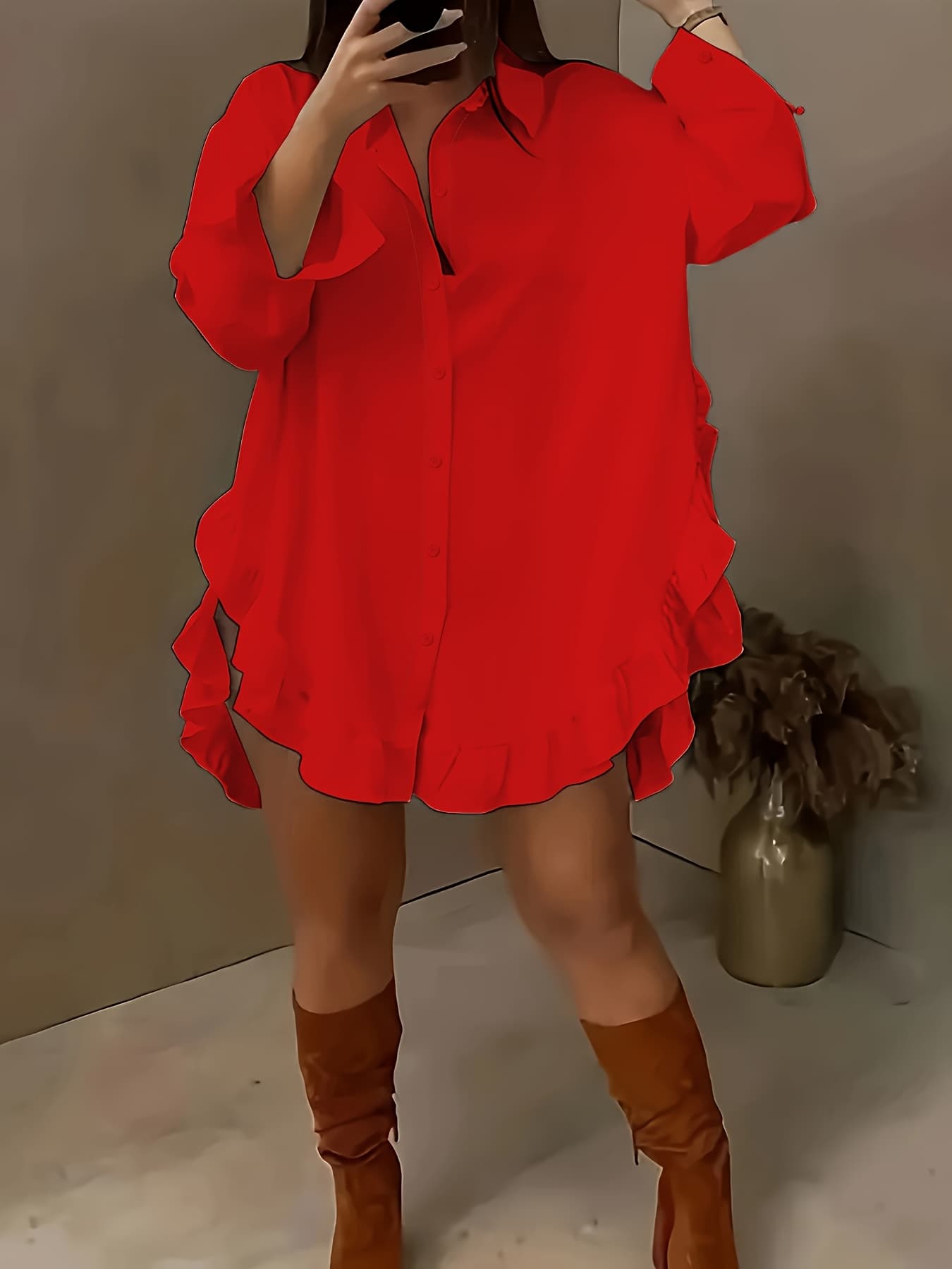 Women's Plus Size Casual Shirt With Ruffle Hem, Solid Color, Woven Polyester, Non-Stretch, Pointed Collar, Button Front, For All Seasons 5