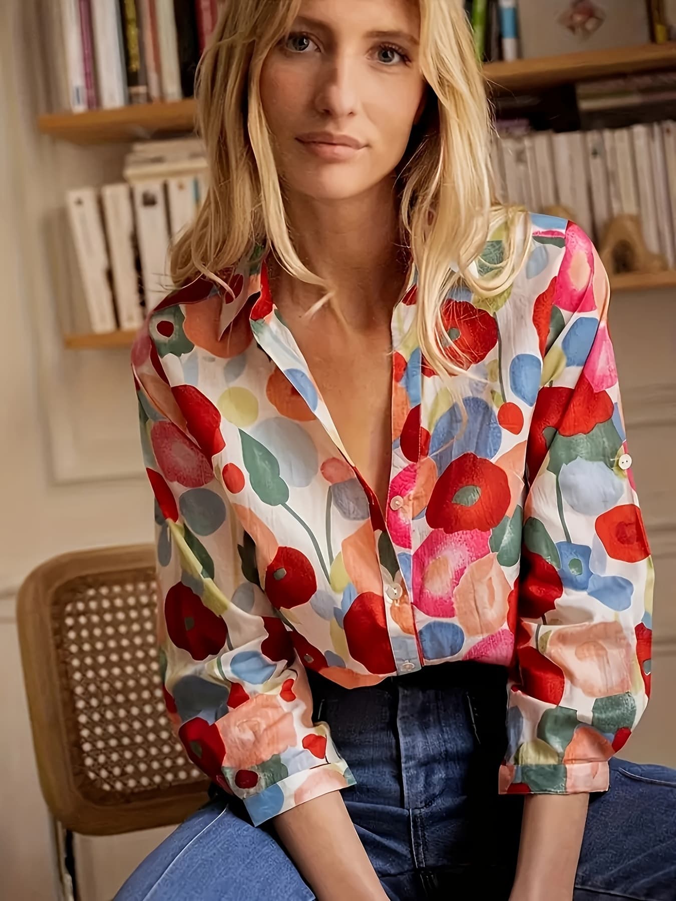 Plus Size Floral Print Button Front Shirt, Casual Long Sleeve Shirt For Spring & Fall, Women's Plus Size Clothing 4