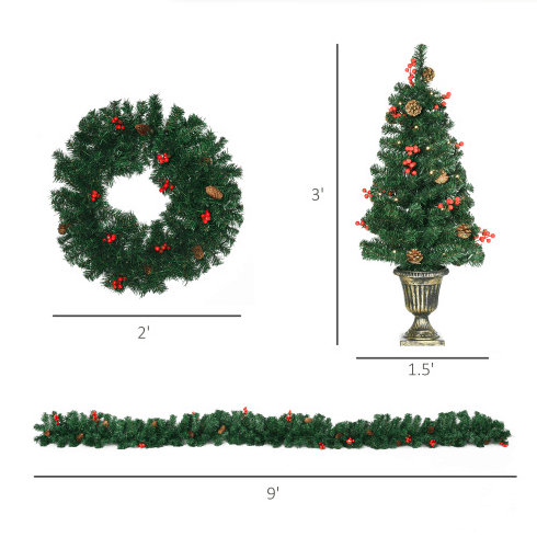 HOMCOM Prelit Holiday Christmas 4-Piece Set, Garland Wreath And Set Of 2 Entrance Trees With Warm White LED Lights, Red Berries, Pine Cones, Green 4