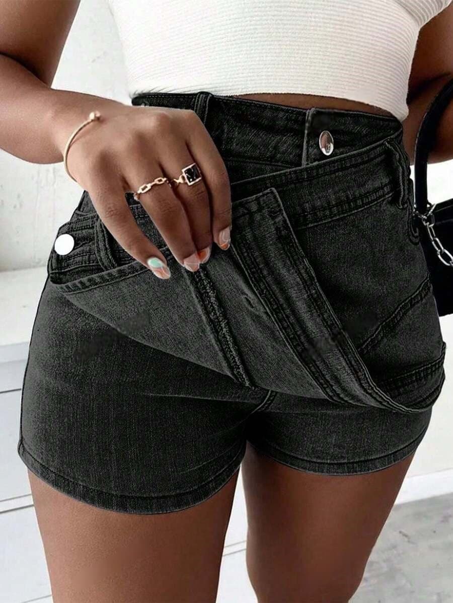 Grunge Punk Street New Vintage Stretchy Overlap Waist Wrap Asymmetric Hem A-Line Skinny Denim Skorts Halloween Clothes Jeans