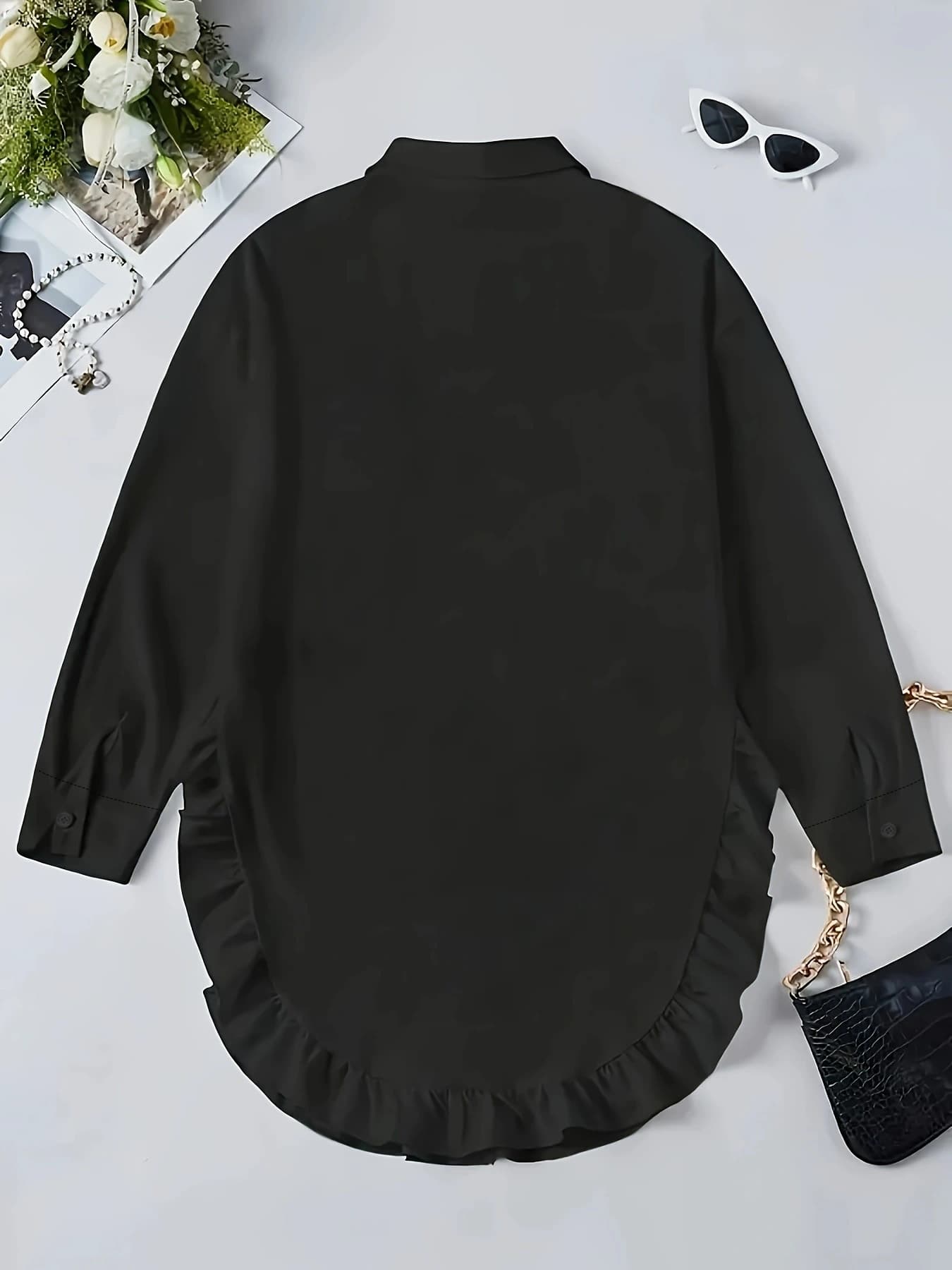 Women's Plus Size Casual Shirt With Ruffle Hem, Solid Color, Woven Polyester, Non-Stretch, Pointed Collar, Button Front, For All Seasons