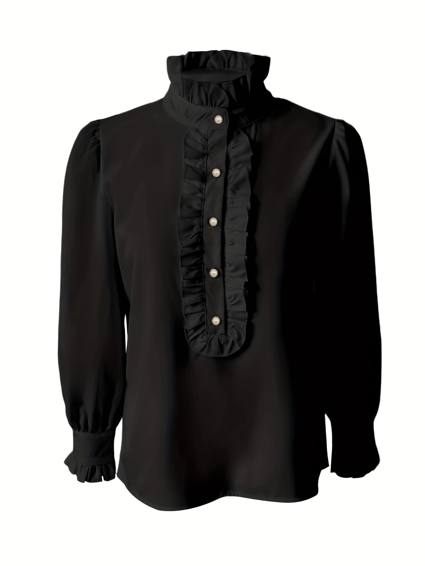 Fashionable Stand-up Collar Long-sleeved Shirt With Lotus Leaf Hem